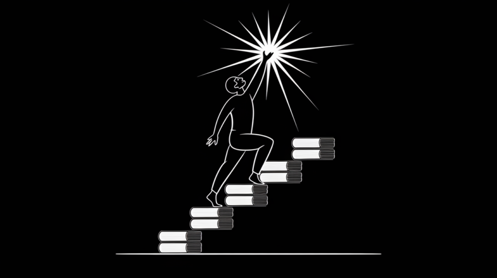 A black-and-white illustration shows a person ascending a staircase of books toward light, symbolizing how reading creates pathways to personal transformation and success despite adversity.