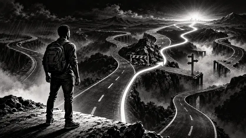 The illusion of certainty illustrated by a man navigating multiple uncertain paths toward a destination